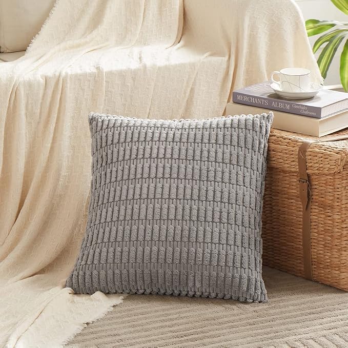 Fancy Homi Decorative Throw Pillow Covers for Bed Couch Bedroom Bench, Soft Corduroy Solid Pillow Case, Rustic Farmhouse Boho Room Decor,18" x 18" (Pack of 1),Gray