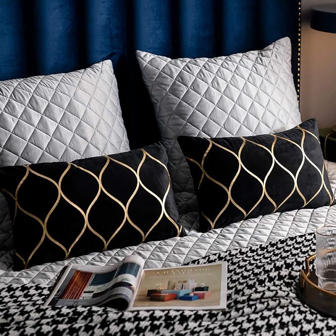 12x20 Inch Gold Velvet Throw Pillow Covers: 2 Pack Rectangular Decorative Pillow Cases for Bedroom Sofa Couch Living Room, Black