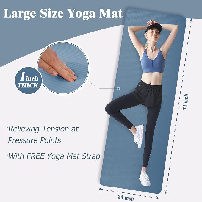 Fitvids 1 Inch Thick Yoga Mat 71x24 Inch - Non Slip Workout Mat with Carry Strap, Multiple Colors - Versatile Exercise Mat for Home, Gym, Pilates, Meditation - For All Skill Levels