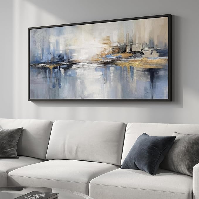 Extra Large Framed Blue Abstract Wall Art for Living Room, Horizontal 30x60 | Modern artwork for walls, Canvas prints, Wood frame, Minimalist Paintings, Pictures wall decor for bedroom dining room office