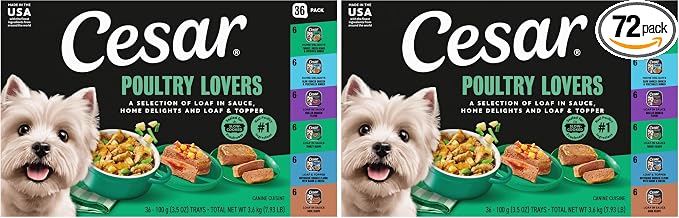 Cesar Classic Loaf in Sauce Adult Wet Dog Food Poultry Lovers Variety Pack with Real Chicken,Turkey or Duck,3.5 oz Easy Peel Trays,36 Count (Pack of 2)