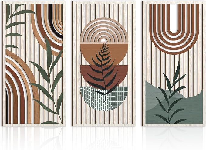 IARTTOP Large Boho Wood Wall Art 16x32 Inch Mid Century Modern Bohemian Wooden Wall Decor Brown Minimalist Geometric Plant Decor for Bedroom Living Room Dining Room Set of 3