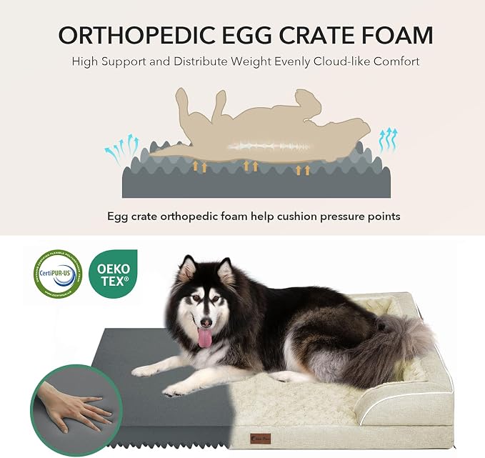 Waterproof Orthopedic Dog Bed for Extra Large Dogs, 53x42in, Beige | Orthopedic Foam Eases Joint Pressure, Bolsters Supports Head And Neck, Washable Pet Beds, Removable Cover, Non-Slip Bottom
