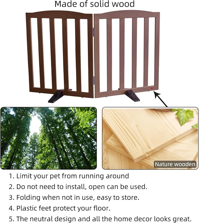 ZJSF Foldable Freestanding Indoor Dog Gate for House Wood Long Pet Gates Dog Fence for Stairs Puppy Gates for Hallways, Puppy Gate,Support Feet Included, Brown, 24 "Height-2 Panels
