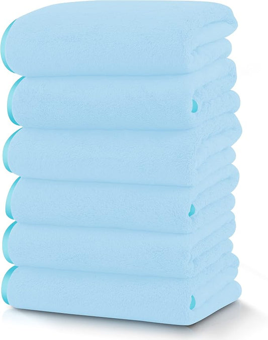 TENSTARS Silk Hemming Hand Towels for Bathroom - Quick Drying - Ultra Soft Microfiber Absorbent Towel for Bath Fitness, Gym, Shower, Hotel, and Spa - 16x28 Inch | Set of 6, Aquamarine