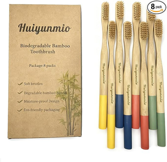 Huiyunmio 8 Pack Bamboo Toothbrushes - Soft Bristles, BPA Free, Eco-Friendly Natural Wooden Toothbrushes for Adults & Family, Zero Waste Compostable Handle