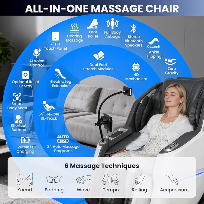 4D Massage Chair Full Body, Unique 2026 Space Walk & Ankle Stretch, Zero Gravity SL-Track Shiatsu Massage Chair Recliner with Electric Calfrest Extension & Foot Rollers, AI Voice, S002 White