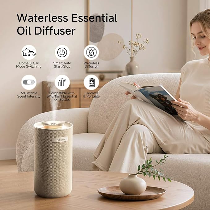 Waterless Essential Oil Diffuser with Vibration-Activated Auto Start-Stop for Car, Portable Rechargeable Cordless Small Oil Diffuser for Home, 2 Scent Settings, Fits 5/10/15ml Oil Bottles, Cream White