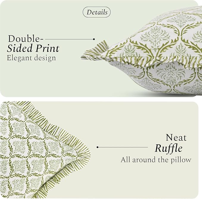 CPC Fern Regal Hand Block Print 100% Cotton Ruffle Throw Pillow Cover 18x18 inch with Hidden Zipper Decorative for Couch, Bed, Sofa, Farmhouse, Cottagecore Decor Gift Christmas Fall Thanksgiving