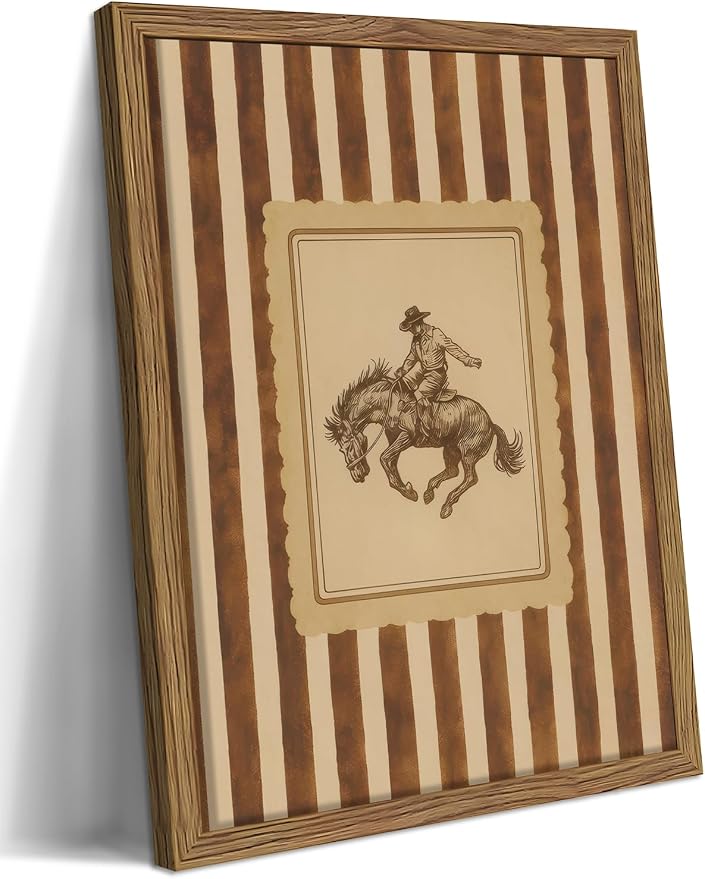 Framed Vintage Western Wall Art, Southwestern Cowboy Horse Canvas Wall Decor Painting, Mid Century Rustic Striped Cowboy Artwork Print Picture for Living Room Bedroom Bathroom 12x16 Inch