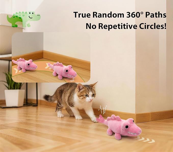 Interactive Cat Toys for Indoor Cats – Auto Moving Alligator with 360° Random Movement & Tail Wagging, Rechargeable Cat Exercise Toy with Catnip, Self-Play Fun for Bored Adult Cats-Pink