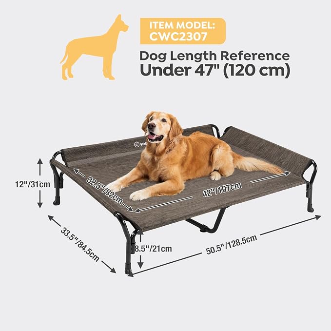 Veehoo Cooling Elevated Dog Bed, Raised Dog Cot with Guardrail & Headrest | Washable Dog Couch Bed for Indoor & Outdoor, Durable Breathable Teslin Mesh, Non-Slip Feet, 51" x 34", XLarge, Brown