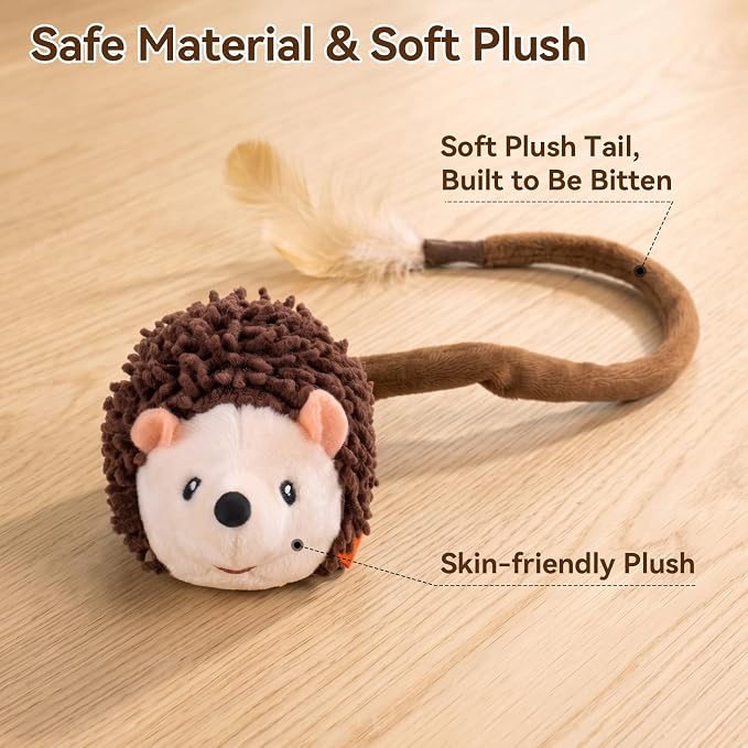 Migipaws Interactive Hedgehog Cat Toy 360° Rolling & Spin with Soft Plush Tail for Indoor Cats Smart Motion Sensor, Realistic Squeak, Rechargeable Plush Kitten Toy (Brown)