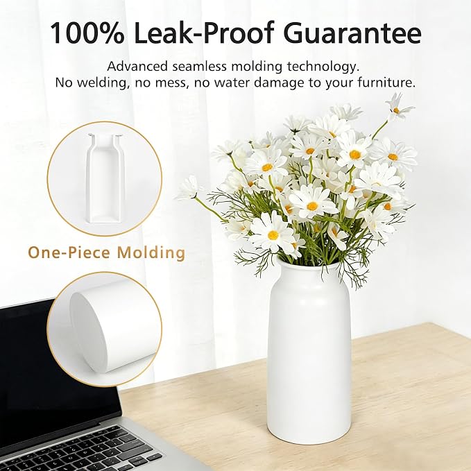 Set of 2 Seamless Metal Vase for Flowers, 10.8" Modern Matte White Floral Vase Set, Shatterproof & Leakproof, Minimalist Home Decor Centerpiece for Dining Table, Mantle, Shelf