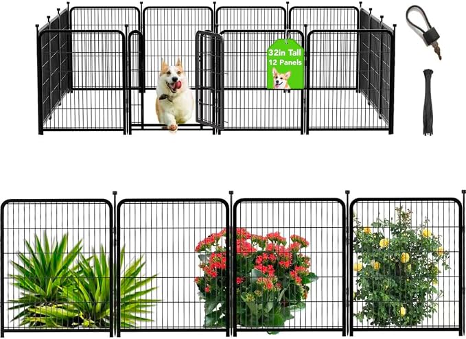 Getlay Tall Garden Fence, 32 in(H) Dog Fence Outdoor for Yard. 12 Panels Total 26.6 Ft(L) Puppy Playpen, Suitable for Indoor or Outdoor Use Play Pens for Puppys, Large Dog Pen, Fences for Garden