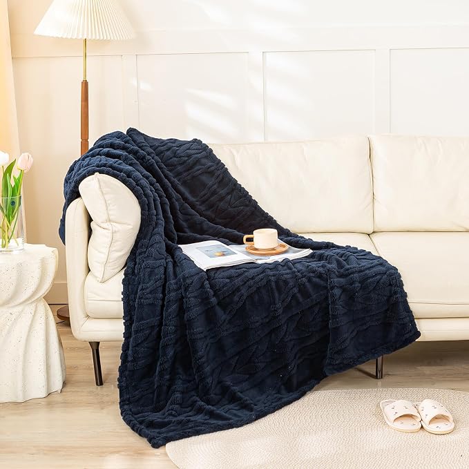 YUSOKI Sherpa Fleece Large Throw Blanket, Navy Blue, 50"x65" | 3D Stylish Design,320GSM, Non-Shedding, Lightweight for All Season Use, stays fluffy after repeated washes, Perfect Gifts