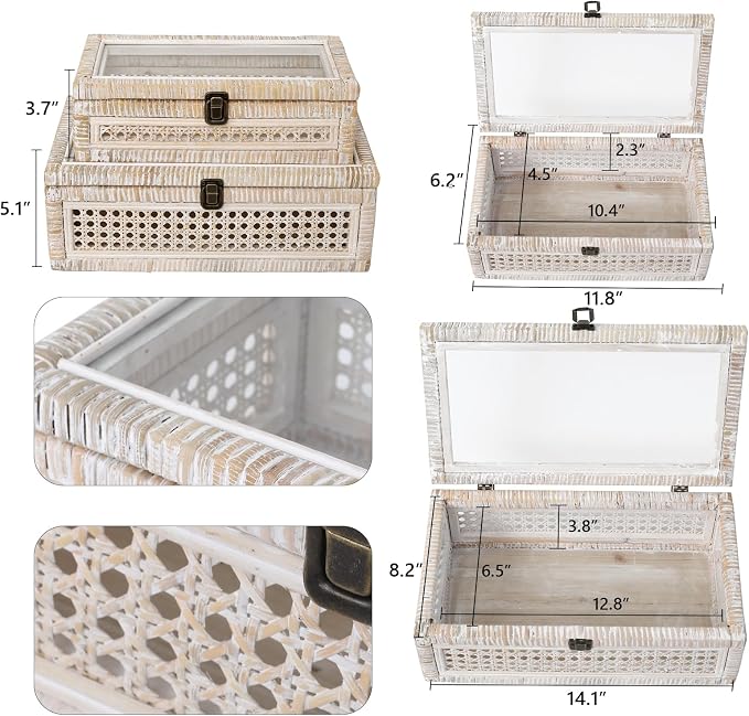 Set of 2 Rattan and Cane Stacking Boxes ,12" and 14", White Wash | With Glass Top Lid - For Boho and Rustic Farmhouse Decor