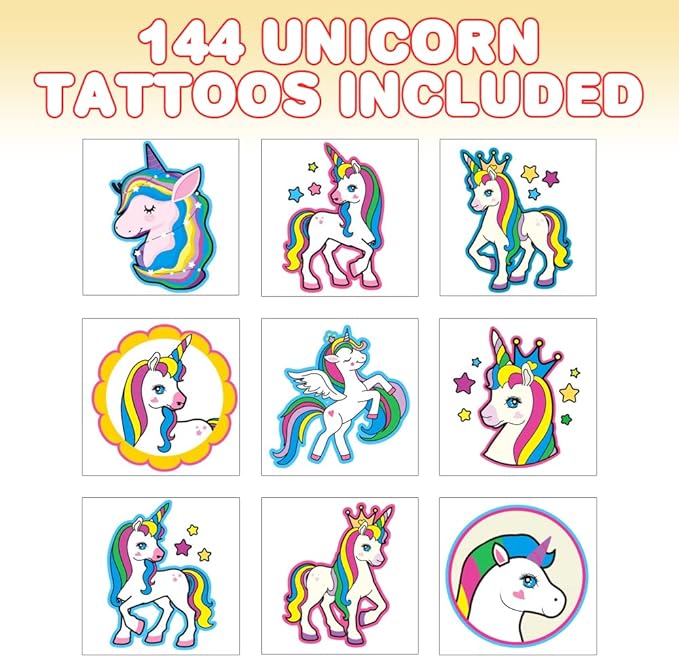 ArtCreativity Unicorn Individual Temporary Tattoos for Kids - Bulk Pack of 144 Pre-Cut Unicorn Tattoos in Assorted Designs - Rainbow Unicorns Animal Themed Birthday Party Favors and Goodie Bag Fillers