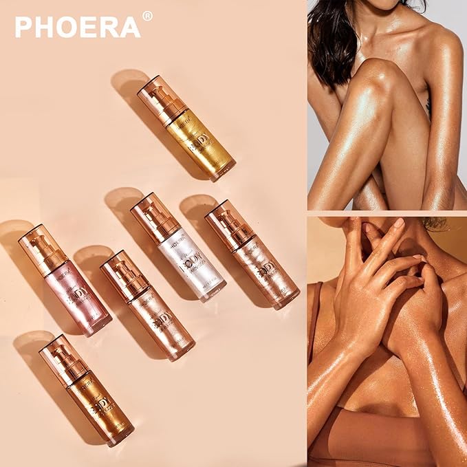 PHOERA Body Shimmer Oil,Bronzer Body Glow Oil Shimmer Highlighter Luminizer with Makup Bursh,Self Tanning Lotion,1oz/Jars (102 Metallic Gold)