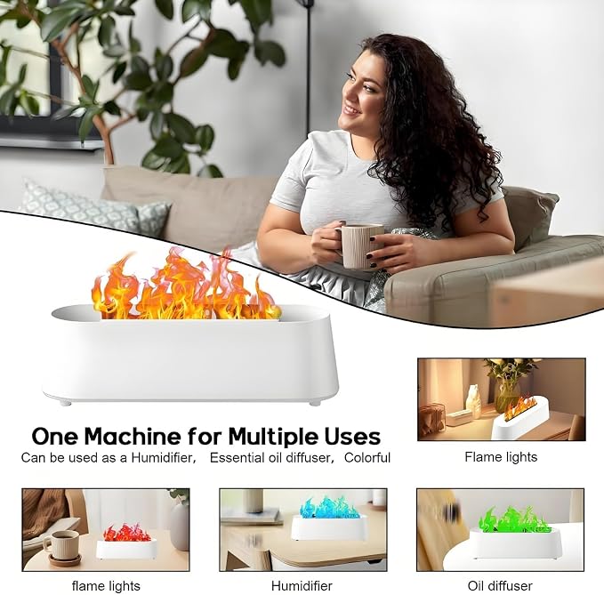 Fireplace Flame Diffuser, Aromatherapy Essential Oil Diffuser, 300ml Cool Mist Ultrasonic Humidifier for Bedroom,Office,Home,Yoga, Timer & Auto Shut-Off, 7 Colorful Night Light (White)