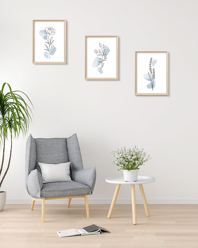 HesenDot Blue Floral Framed Wall Art, Minimalist Botanical Canvas Prints | 12x16IN Set of 3, Wood High Framed Prints, Boho Flowers Artwork, Wall Decor for Living Room Kitchen Bedroom Bathroom