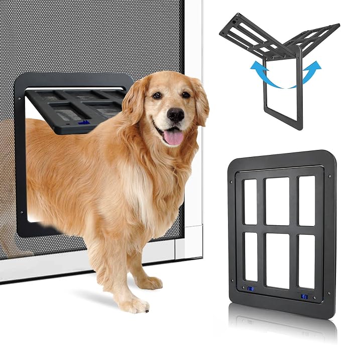 Large Dog Door for Screen Door - 11.2"x14.4" Magnetic Flap Pet Door with Lockable Insert, Ideal for Medium to Large Dogs, Sliding Door Compatible, Black
