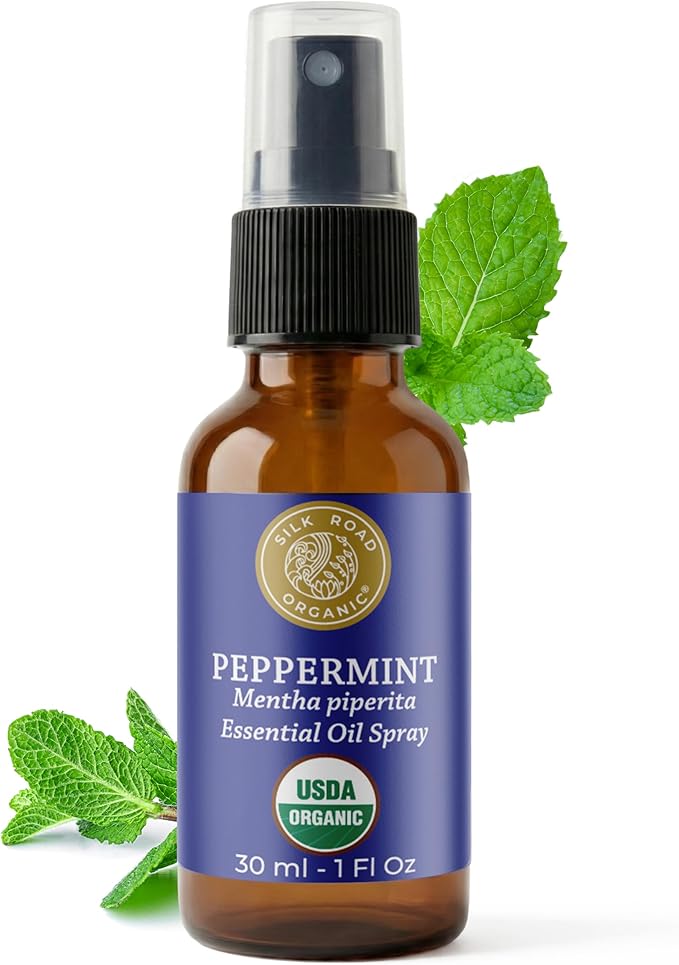 Silk Road Organic Peppermint Essential Oil Spray for Head Tension, Nausea, Morning Sickness, Energy & Focus - 1 oz. USDA Certified Aromatherapy Spray - Always Pure, Always Organic