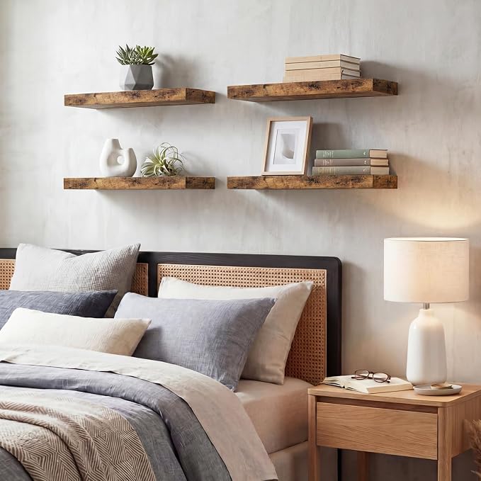 Fixwal Floating Shelves for Wall Decor (Rustic Brown, Set of 4, 15.7 Inch) | MDF Shelves with Metal Brackets, Space Saving for Books, Decor, Works in Bathroom, Kitchen, Living Room, Bedroom