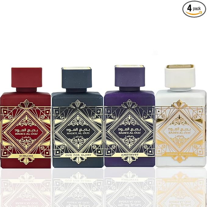 Lattafa Perfumes Bade'e Al Oud for Unisex 4 Piece Eau de Parfum Gift Set (Oud for Glory + Sublime + Amethyst + Honor & Glory) 3.4 Ounce/100 ml each