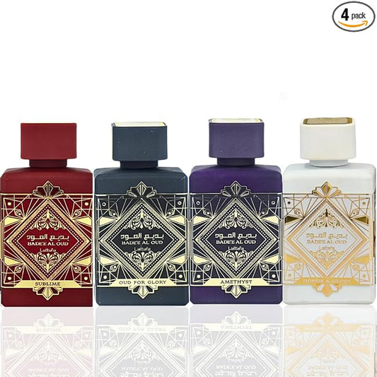 Lattafa Perfumes Bade'e Al Oud for Unisex 4 Piece Eau de Parfum Gift Set (Oud for Glory + Sublime + Amethyst + Honor & Glory) 3.4 Ounce/100 ml each