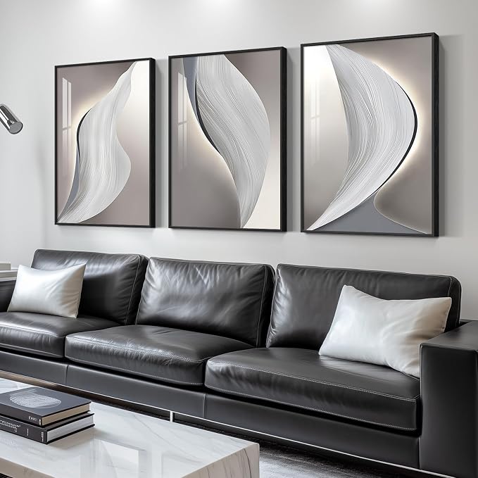 Large Framed Abstract Modern Wall Art for Living Room, 3 Piece Minimalist Grey and Silver Prints Wall Decor, Bright Style Artwork Paintings Pictures for Dining Room Hallway Office, 24x36 Inch