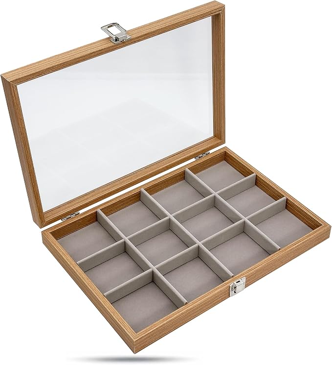 Wooden Travel Jewelry Box w. Tempered Glass Display Lid - Earrings Storage - 12-Compartments Velvet Organizer (Natural Oak) by The Display Guys