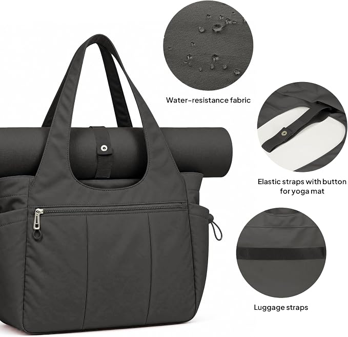 TOPEAST Foldable Tote Bag for Women with Yoga Mat Holder,Travel Tote Bag with Water Bottle Pocket,Lightweight Workout Gym Bag