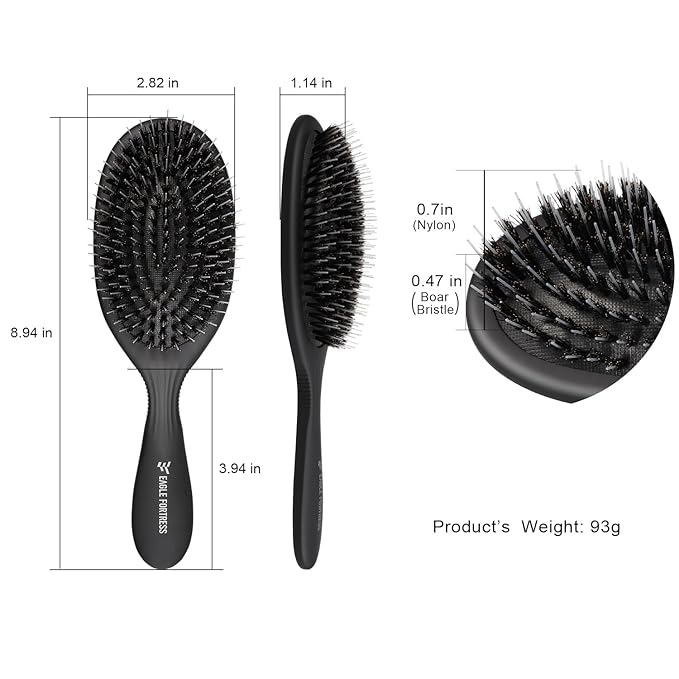 Eagle Fortress Boar Bristle Hair Brush for Women, Detangler Brush for Wet, Dry & Damaged Hair with Long Pins for Thick & Long Hair - Black