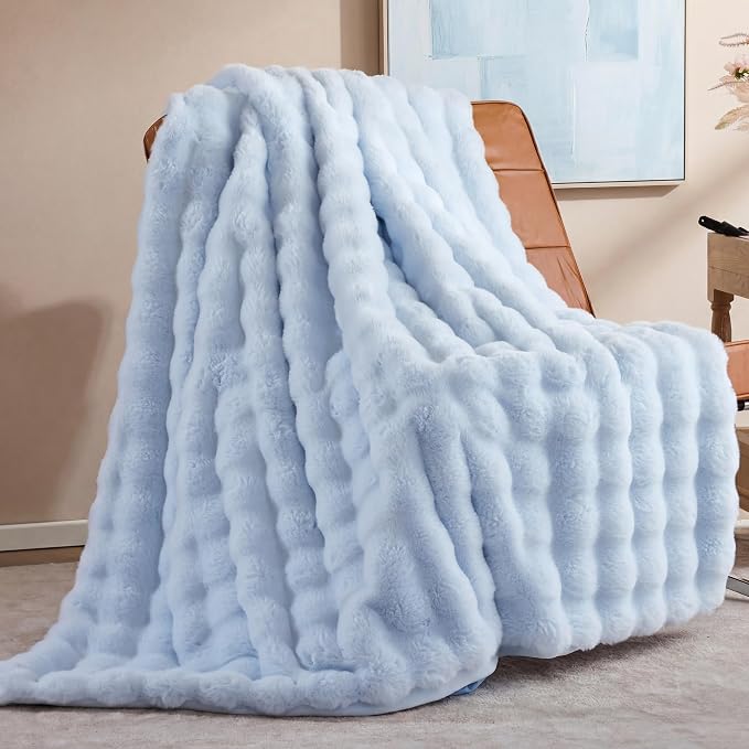 Faux Rabbit Fur Throw for Couch - Light Blue Bubble Blanket 50"x60" | Fluffy Plush Fuzzy Throw for Sofa & Bed, Super Soft Cozy Comfrt Blanket, Luxury Aesthetic Light Blue Decor Gift for Women