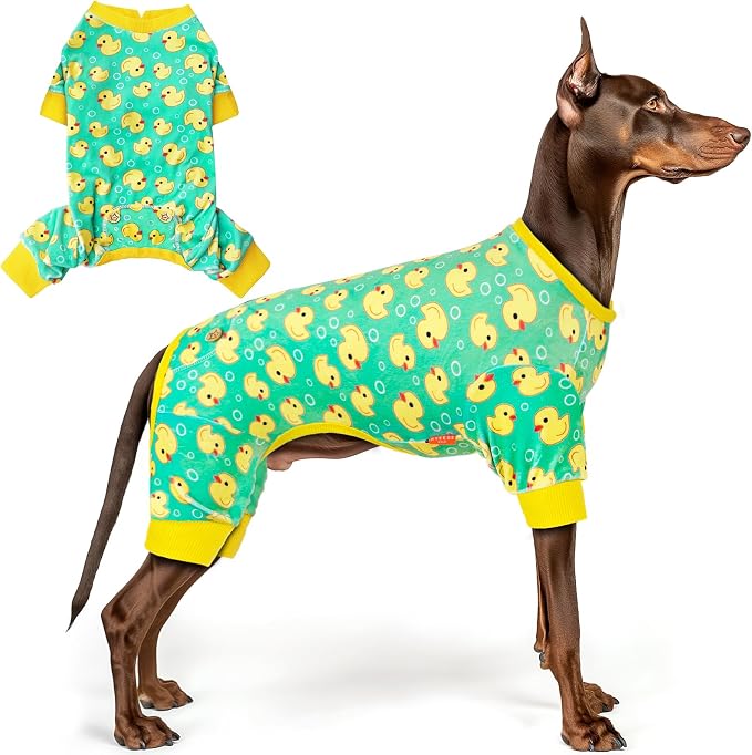 KYEESE Velvet Dog Pajamas for Large Dogs Soft Onesie Shirt, Yellow Duck | 4-Way Stretch, Lightweight & Breathable, Reduces Shedding, Gentle on Sensitive Skin, Recovery Support, Easy Potty Breaks