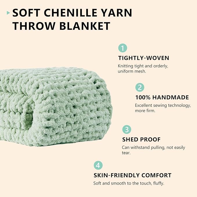 L'AGRATY Chunky Knit Throw Blanket for Couch, 60 x 80 Inches, Milky Green | Handmade Chenille Crochet Blanket for Sofa Bed, Thick Cable Knitted Blankets for Room Home Decor, Birthday Gift for Women Mom
