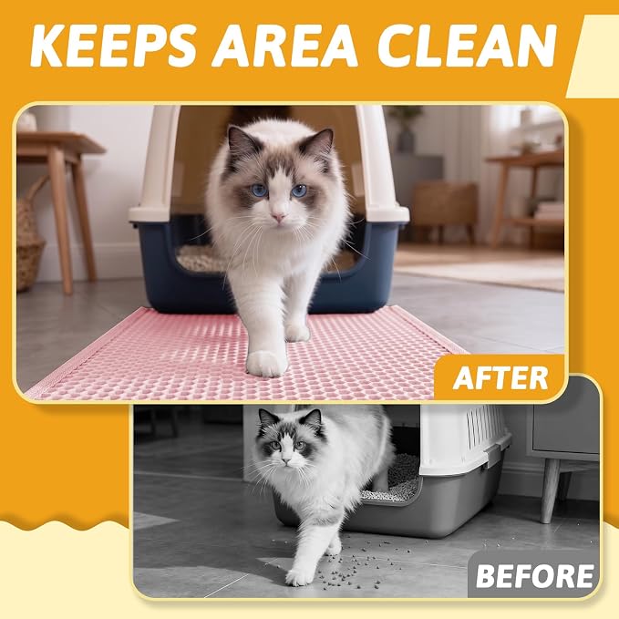 Pieviev Cat Litter Mat, Double-Layer Waterproof Litter Trap, 24" x 15" Pink | Honeycomb Design Catches Scattered Particles to Stop Tracking, Urineproof Base Protects Floors, Easy to Clean
