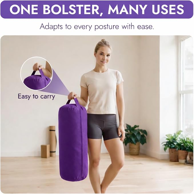 Yogikuti Iyengar Yoga Bolster for Restorative Yoga and Meditation – Lightweight Cotton Support Pillow with Handle for Easy Carry, Versatile for Pose Modification, Balance, Back Relief, and Relaxation