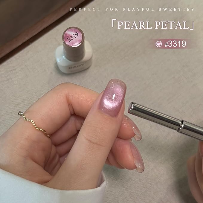 GAOY Barely Pink Glassy Cat Eye Gel Nail Polish, 16ml Glitter Holographic Nail Polish with Magnet, Reflective Translucent UV Light Cure, 3319 Pearl Petal