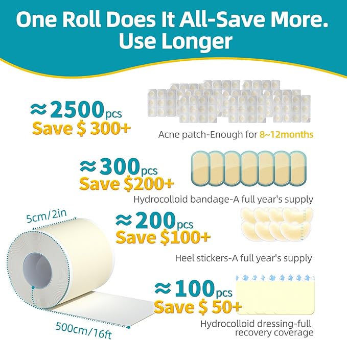 Dimora Medical Grade Hydrocolloid Bandage Roll (2in*16ft), Highly Absorbent Hydrocolloid Bandages for Wound Care, Burn, Blister, Acne Care, Waterproof & Cut to Size