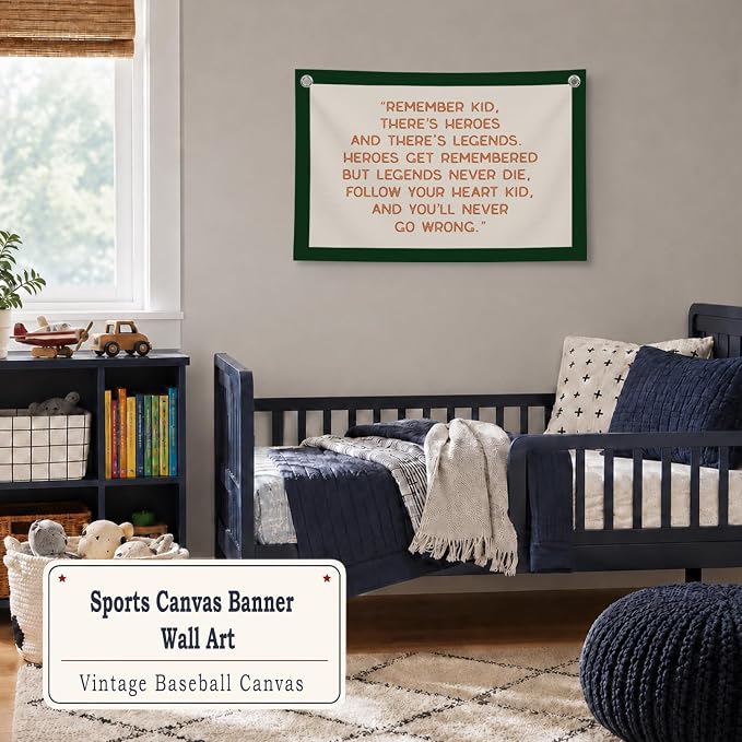 Vintage Baseball Wall Decor for Boys Room, Inspirational Sports Quote Canvas Banner, Retro Baseball Nursery Wall Art for Bedroom Playroom,Baby Shower Gifts,30x20 Inch(White and Green)