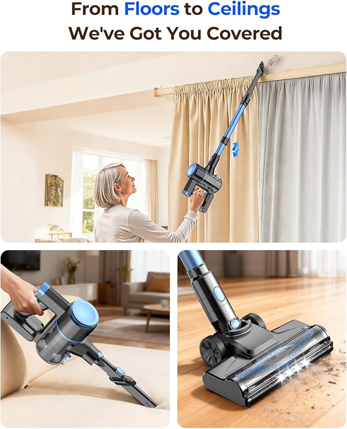 N8 Cordless Vacuum Cleaner,Lightweight Stick Vacuum with Powerful Suction,2200mAh Battery,40 Mins Runtime,Self-Standing, Rechargeable Vacuum Cleaners for Home Hardwood Floor Carpet Pet Hair (Cerulean)