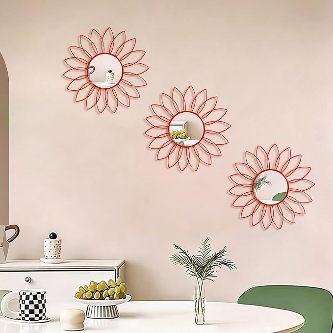 3 Pack Metal Mirrors for Wall Sunburst Wall Mirrors Home Décor Decorative Hanging Wall Art for Living Room Bedroom Entryway (Red, Flowers)