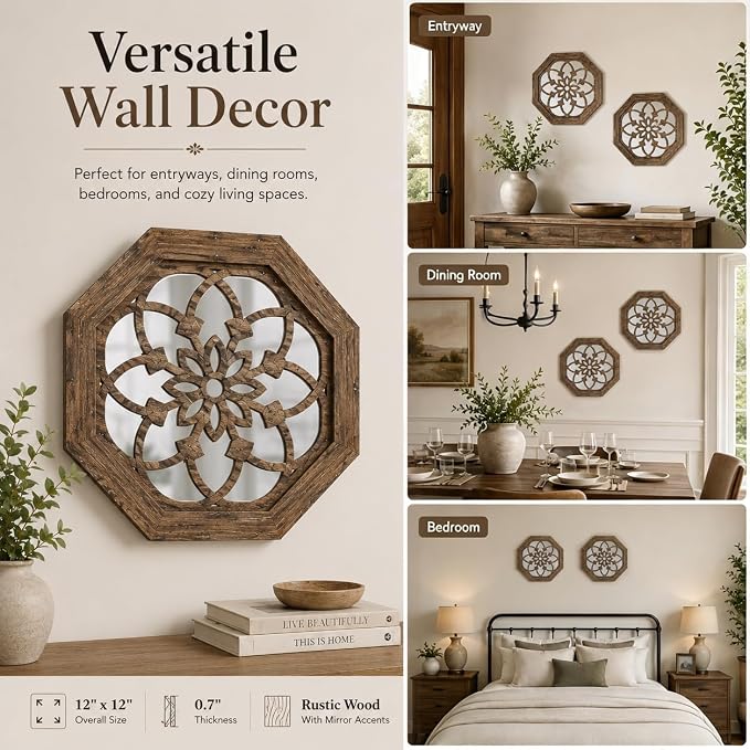 2 Pack 12 Inch Octagon Maroon Rustic Wood Frame Acrylic Wall Mirrors, Farmhouse Boho Wall Art Decor for Living Room, Bedroom, Hallway, Entryway, Bathroom & Office
