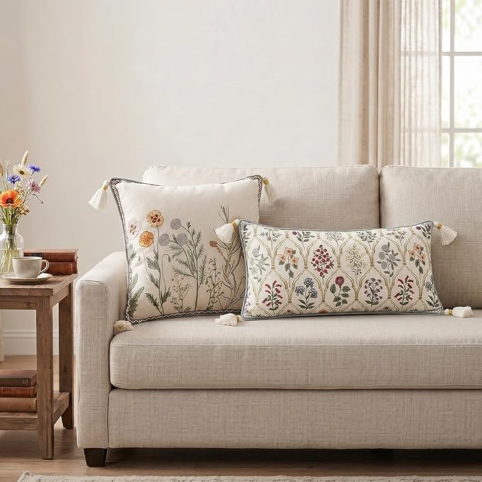 Designer Linen Throw Pillow Cover,Set of 2,18"x18"-Serenity D | Vintage French Elegant Square Decor Pillow Cover,Concealed Zipper Design,Light Beige,Sofa,Bedroom,Living Room,Chairs