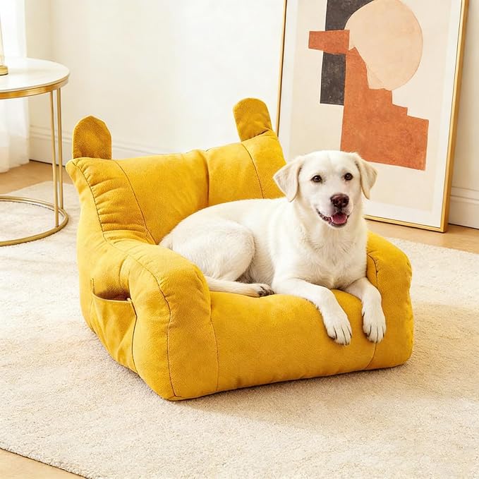 Cute Pet Furniture, Pet Bed for Medium Dogs and Cats, Soft Washable Pet Beds with Non-Slip Bottom and Raised Rim for Living Room, Bedroom, Kitchen, Balcony Indoor Use (Yellow)