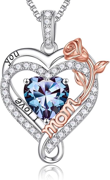 Iefil Valentines Day Gifts for Mom - 925 Sterling Silver Heart Necklace for Women, Birthstone Jewelry, Birthday Gifts for Bonus/Step/New Mom/Mother in Law
