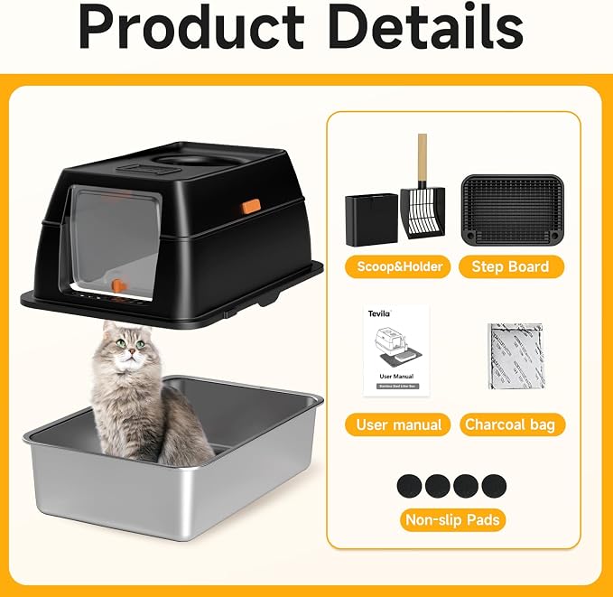 XL Enclosed Stainless Steel Litter Box with Lid, Black | covered, High Sided, Rustproof & Leak Proof, Easy Clean, Odor Control, Includes Scoop & Step & Mat