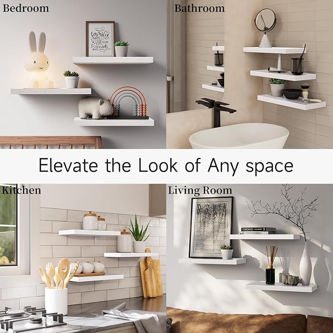 BAYKA White Floating Shelves 15.7in, Set of 3, Wall Mount Rustic Wood Shelf | 22lbs Max Load, Hidden Bracket, for Bathroom Bedroom Kitchen Display Storage Decor, Easy Install, Multi-Wall Compatible